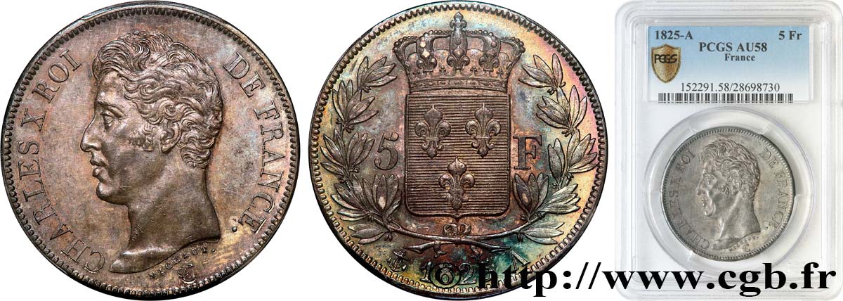 5 francs Charles X, 1er type, A inachevé 1825 Paris F.310/3 SUP58 PCGS