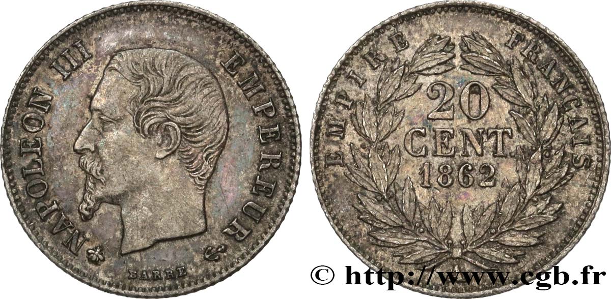 20 centimes Napoléon III, tête nue 1862 Paris F.148/17 AU53 