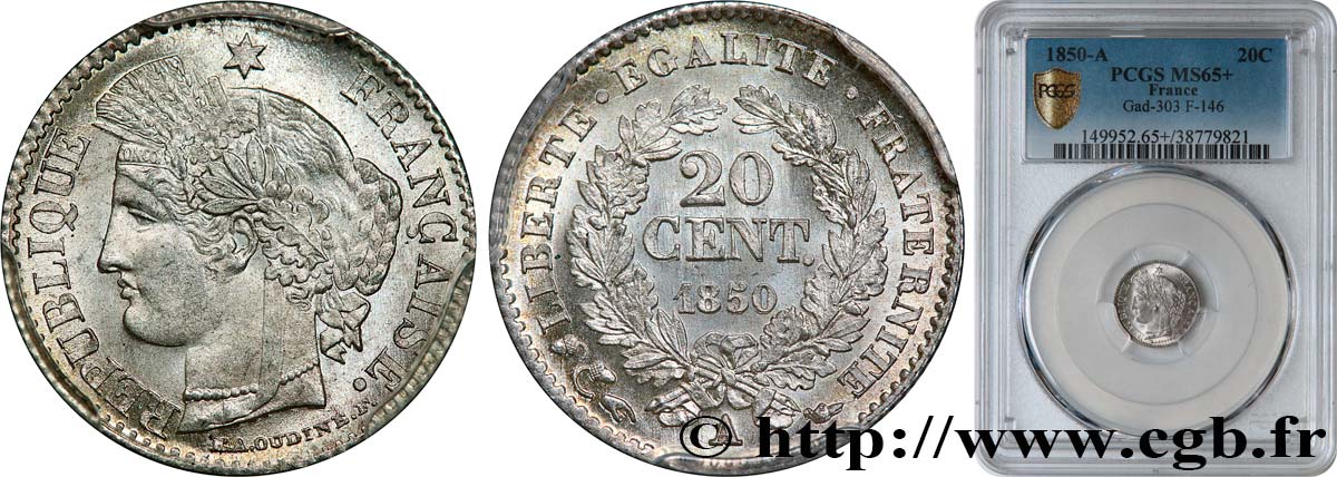 20 centimes Cérès, IIe République 1850 Paris F.146/2 ST65 PCGS