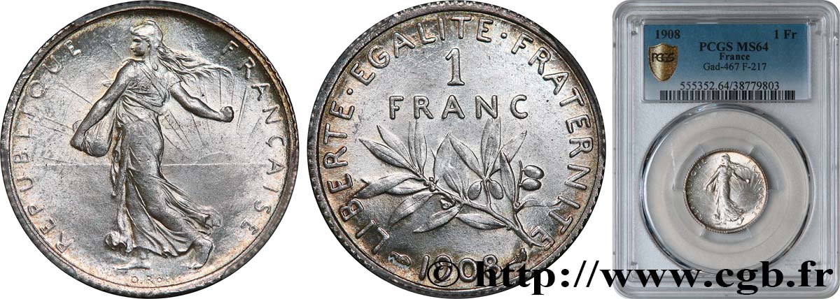 1 franc Semeuse 1908 Paris F.217/13 MS64 PCGS