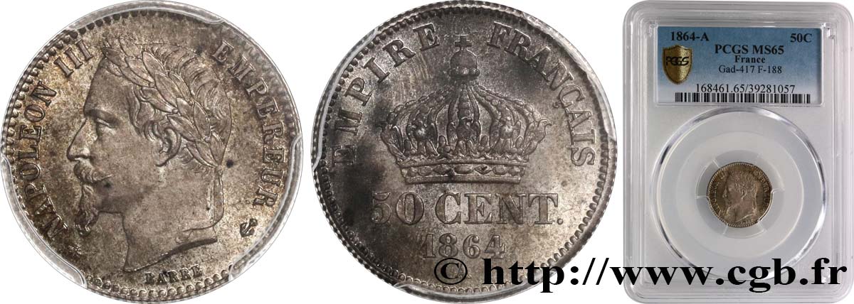 50 centimes Napoléon III, tête laurée 1864 Paris F.188/2 ST65 PCGS