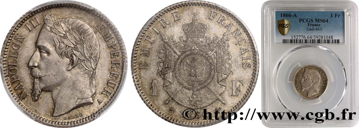 1 franc Napoléon III, tête laurée 1866 Paris F.215/3 SPL64 PCGS