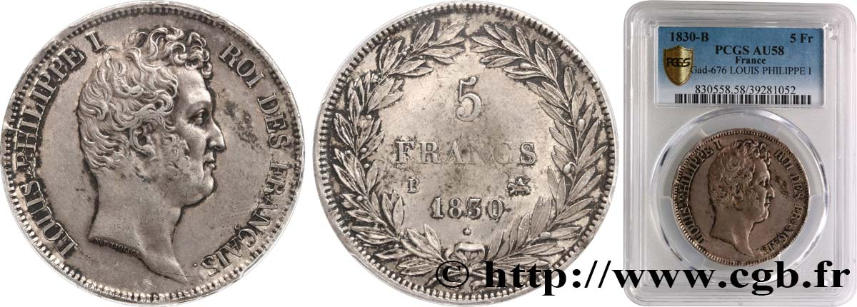 5 francs type Tiolier avec le I, tranche en creux 1830 Rouen F.315/2 AU58 PCGS