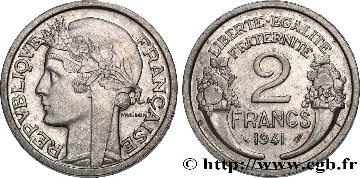Épreuve flan épais de 2 francs Morlon, aluminium, sans le mot ESSAI 1941 Paris GEM.114 5 EBC+ 