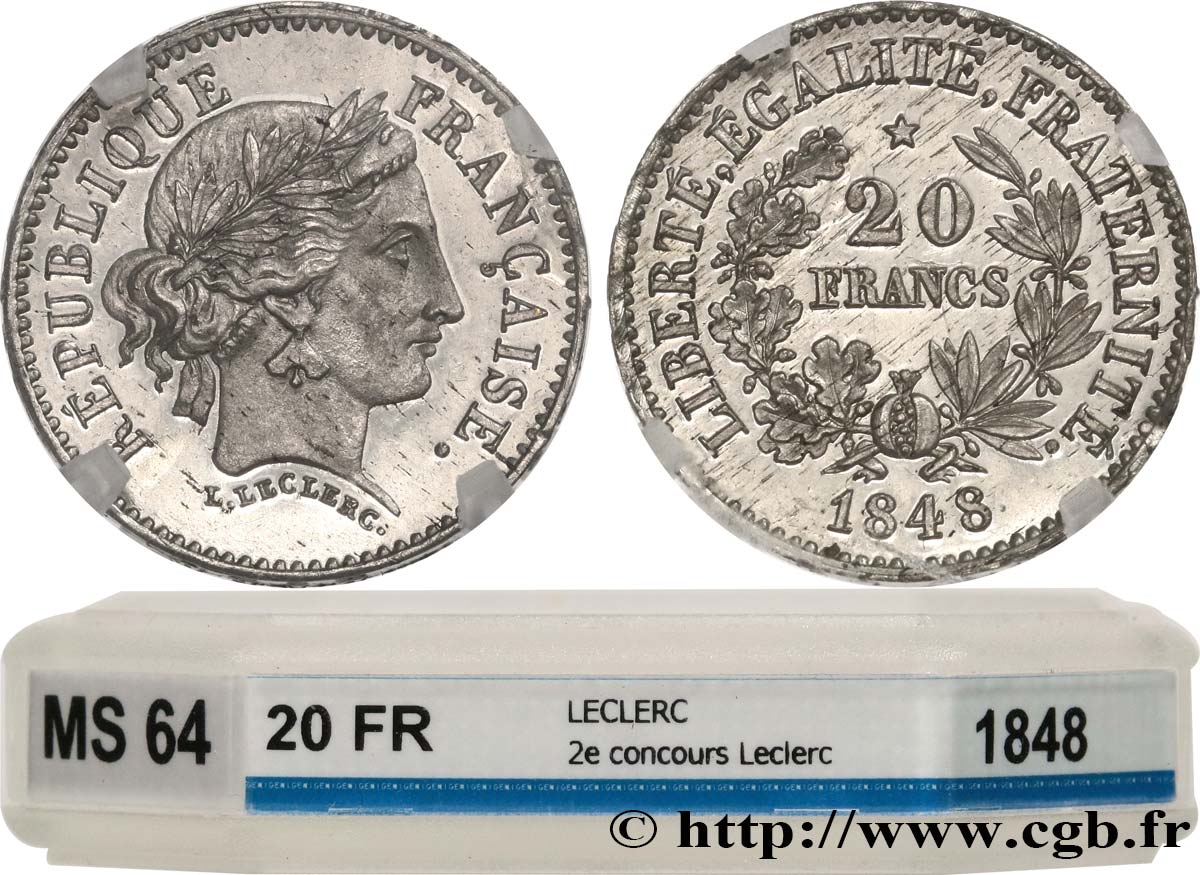 Concours de 20 francs, essai de Leclerc, deuxième concours 1848 Paris VG.3027 var MS64 GENI