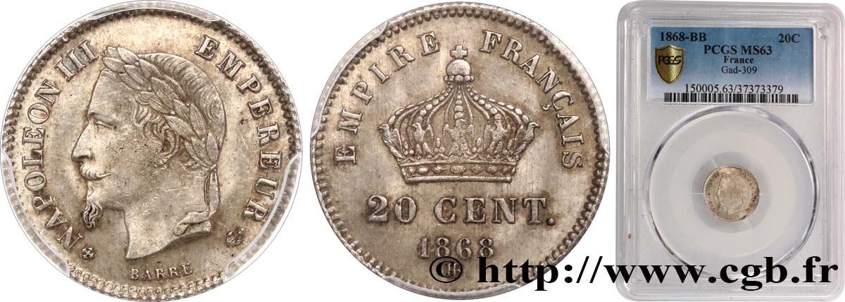 20 centimes Napoléon III, tête laurée, grand module 1868 Strasbourg F.150/5 MS63 PCGS