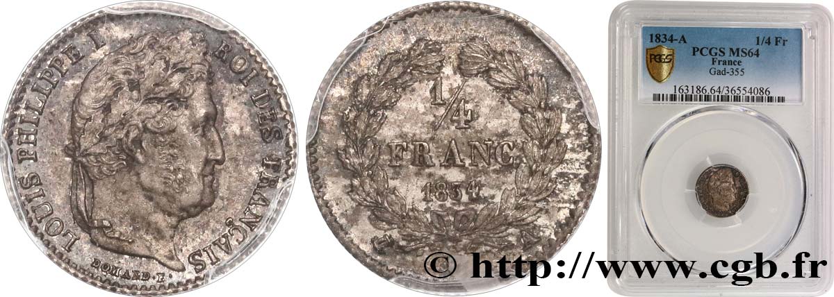 1/4 franc Louis-Philippe 1834 Paris F.166/37 fST64 PCGS