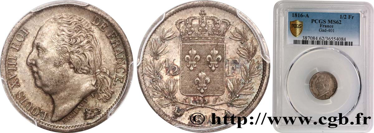 1/2 franc Louis XVIII 1816 Paris F.179/1 SPL62 PCGS