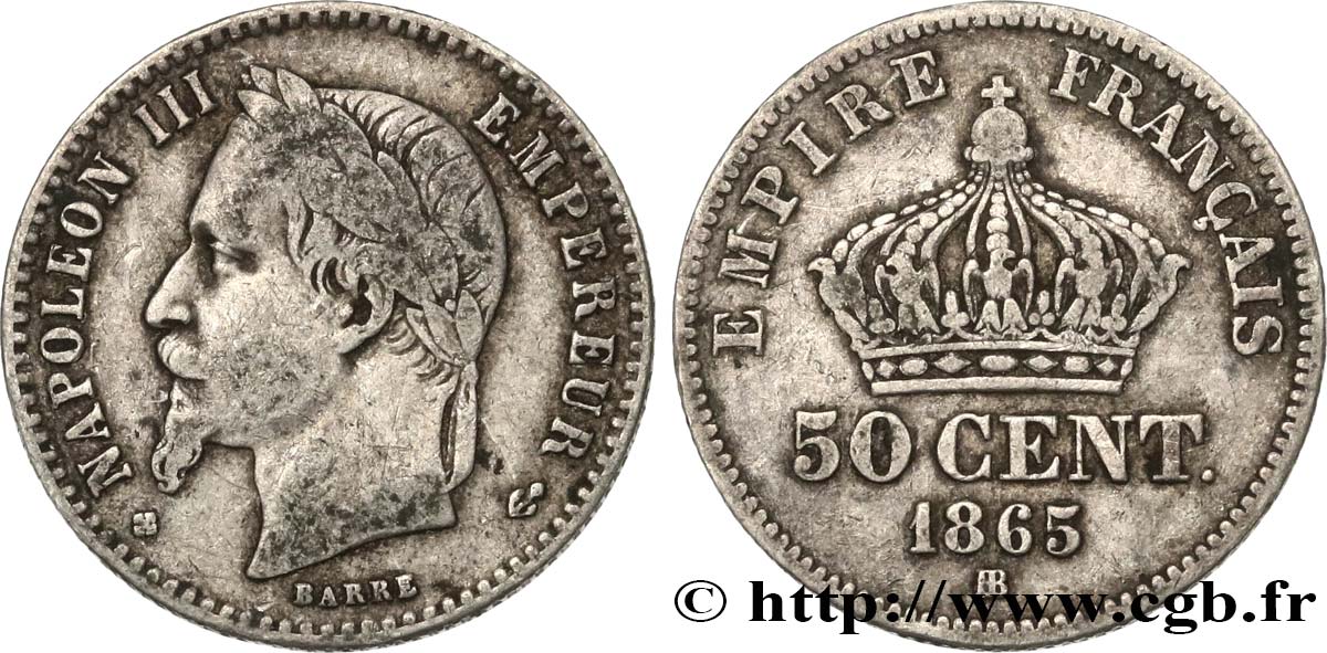 50 centimes Napoléon III, tête laurée 1865 Strasbourg F.188/7 TB35