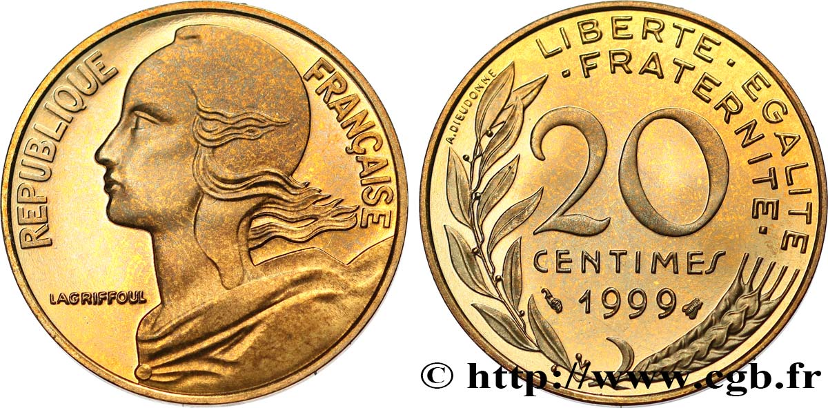 20 centimes Marianne, BE (Belle Épreuve) 1999 Pessac F.156/43 var. MS