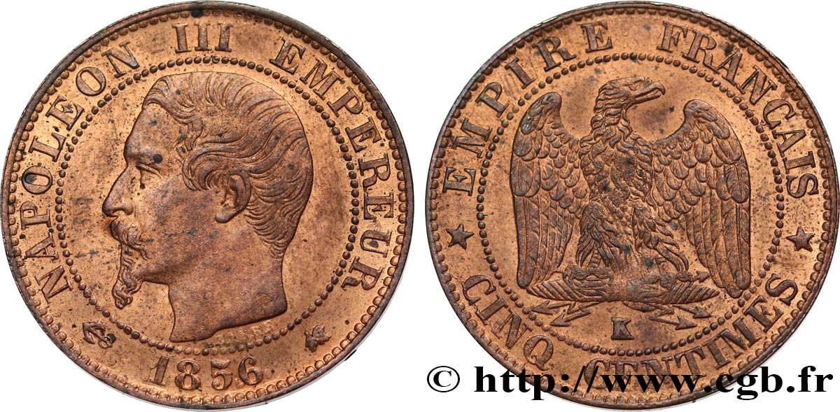 Cinq centimes Napoléon III, tête nue 1856 Bordeaux F.116/34 AU55 