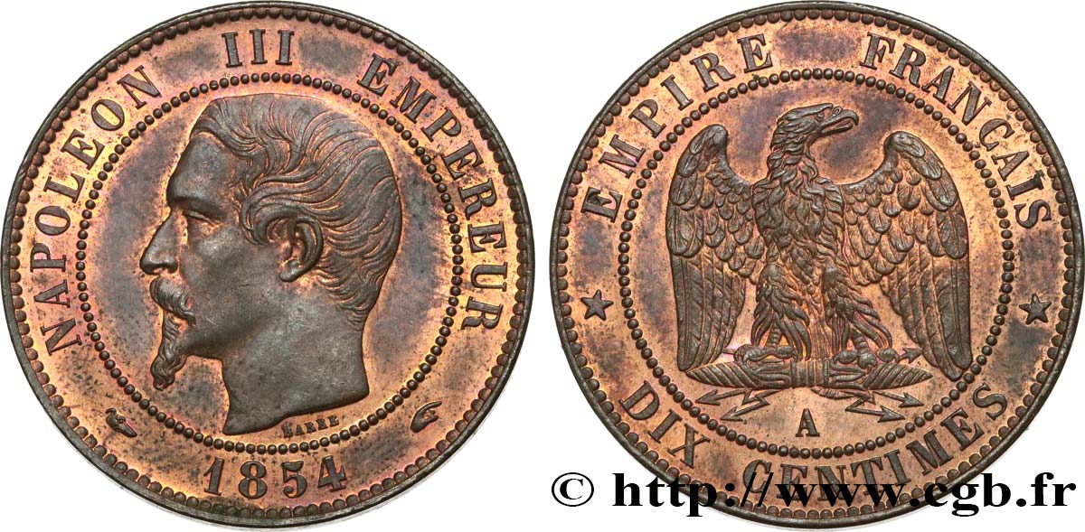 Dix centimes Napoléon III, tête nue 1854 Paris F.133/11 SUP58
