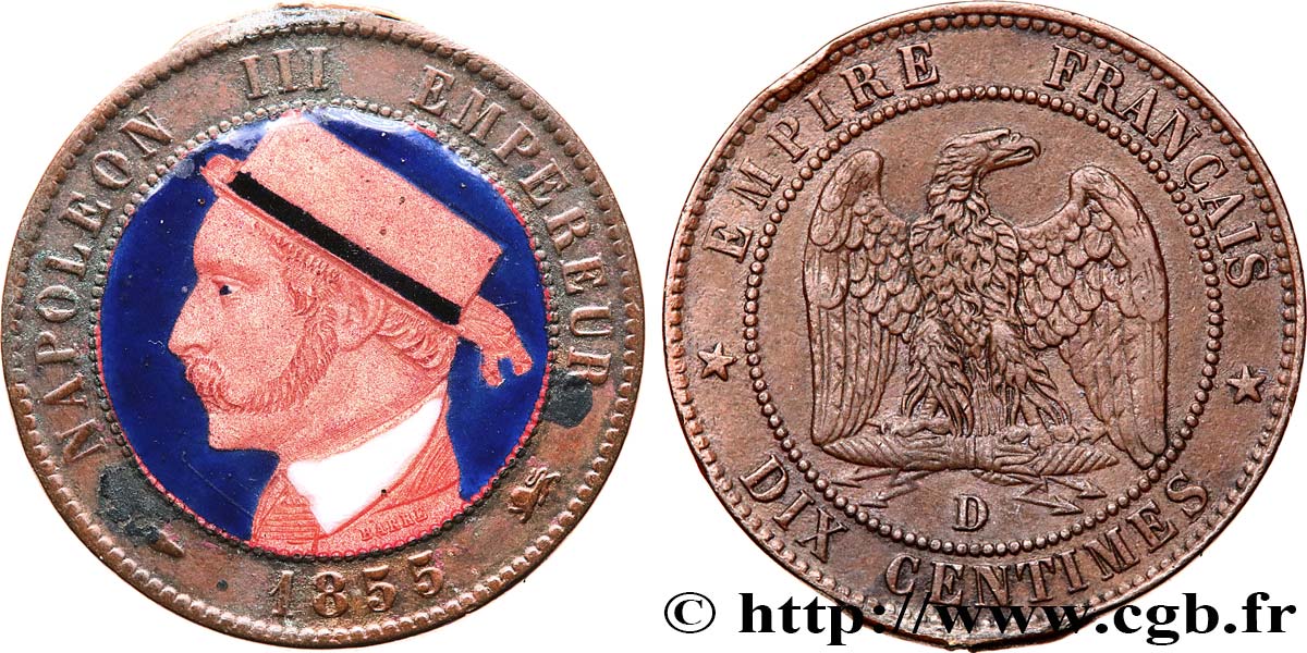 Dix centimes Napoléon III, tête nue, portrait en émail 1855 Lyon F.133/25 var. XF 