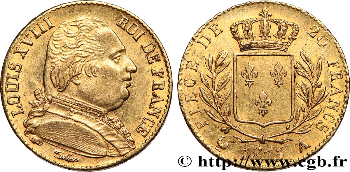 20 francs or Louis XVIII, buste habillé 1815 Paris F.517/10 SPL61 