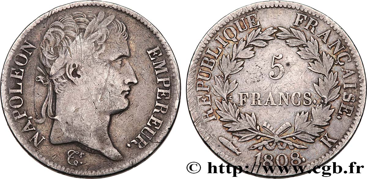 5 francs Napoléon Empereur, République française 1808 Bordeaux F.306/8 VF 