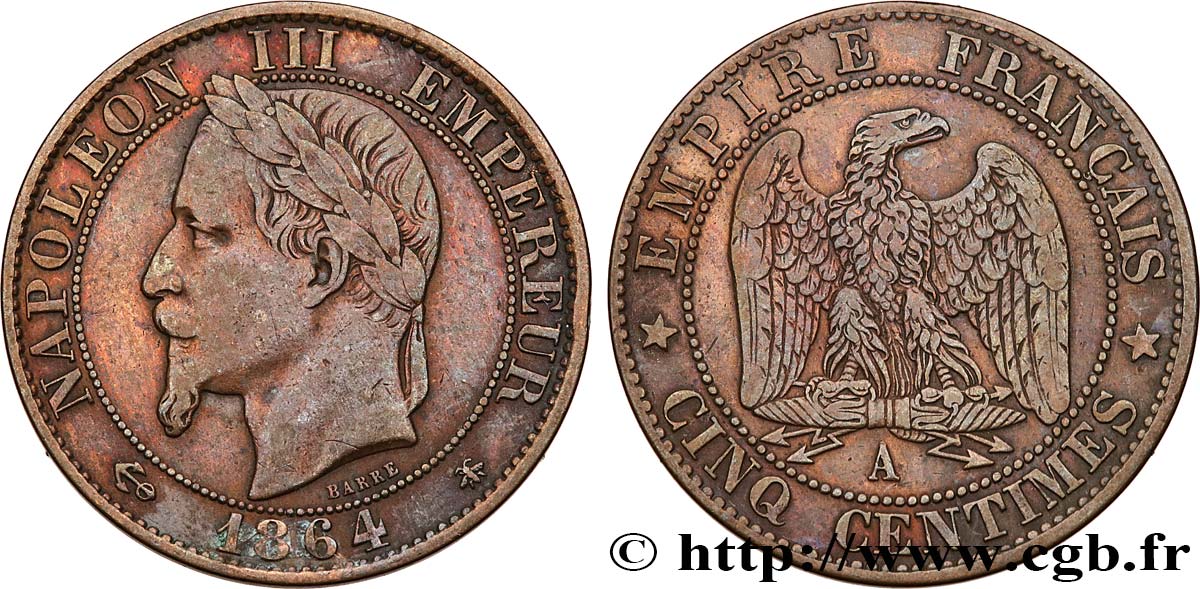 Cinq centimes Napoléon III, tête laurée 1861 Paris F.117/4 TB+