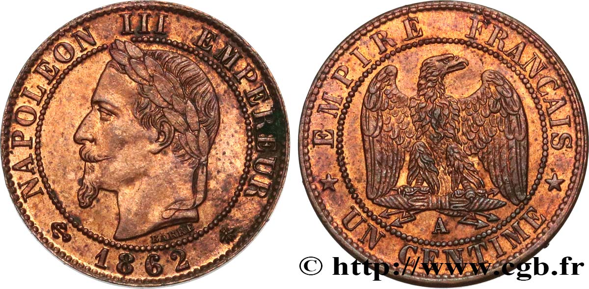Un centime Napoléon III, tête laurée 1862 Paris F.103/4 SUP60