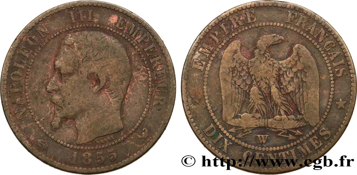 Dix centimes Napoléon III, tête nue 1855 Lille F.133/33 F12 
