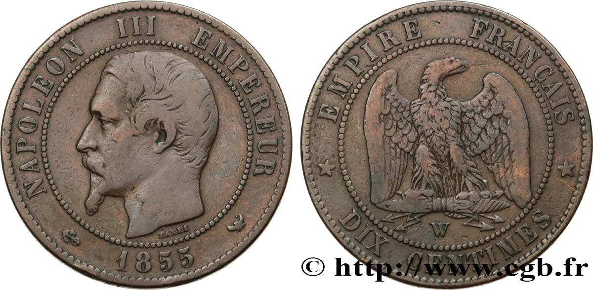 Dix centimes Napoléon III, tête nue 1855 Lille F.133/33 VF30 