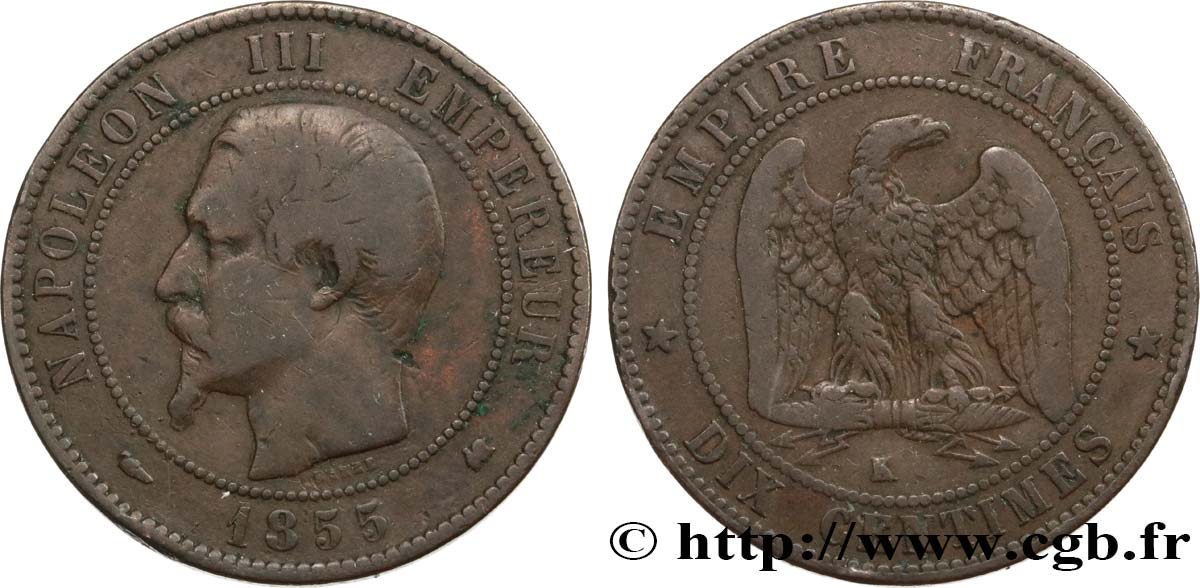 Dix centimes Napoléon III, tête nue 1855 Bordeaux F.133/27 S25 