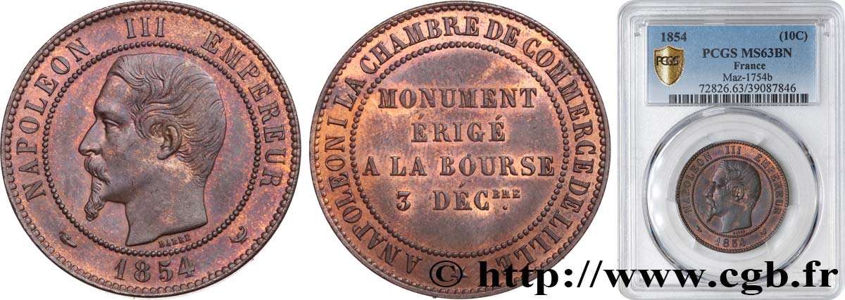 Module de dix centimes, Visite à la chambre de commerce de Lille 1854 Lille VG.3403  SPL63 PCGS