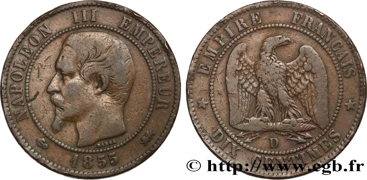 Dix centimes Napoléon III, tête nue 1855 Lyon F.133/26 TB