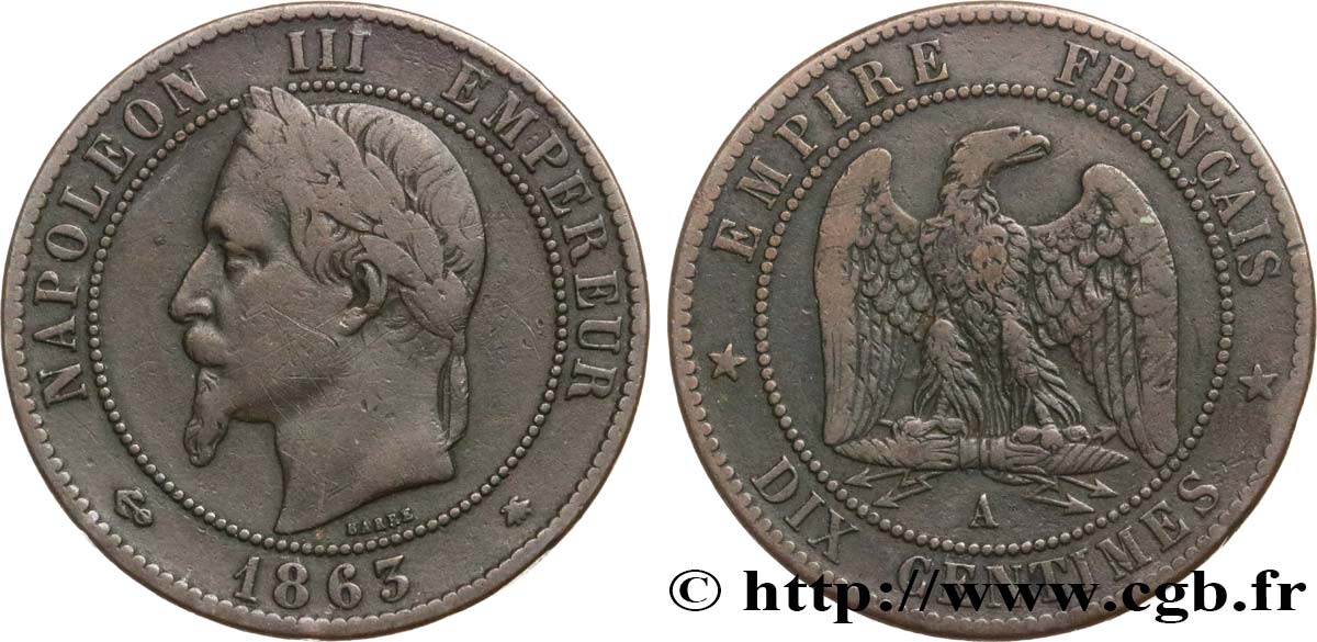 Dix centimes Napoléon III, tête laurée 1863 Paris F.134/10 TB20