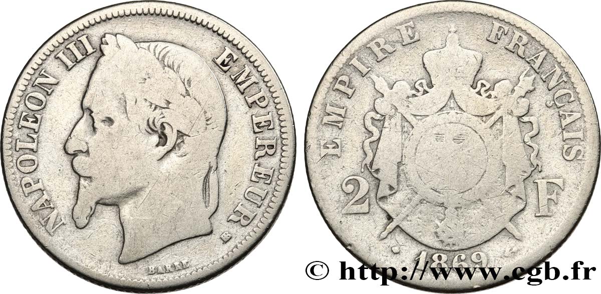 2 francs Napoléon III, tête laurée 1869 Strasbourg F.263/11 B