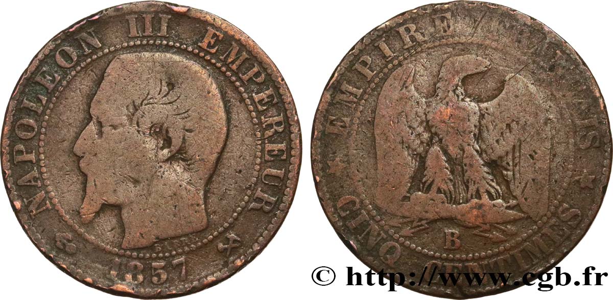 Cinq centimes Napoléon III, tête nue 1857 Rouen F.116/38 B8