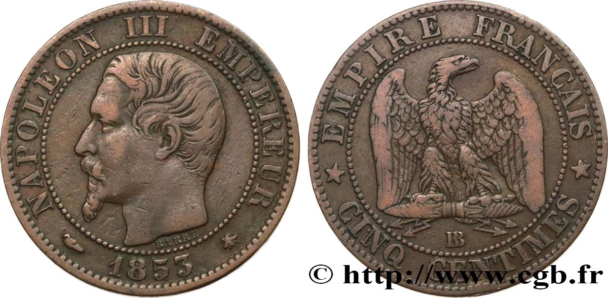 Cinq centimes Napoléon III, tête nue 1853 Strasbourg F.116/3 TB25