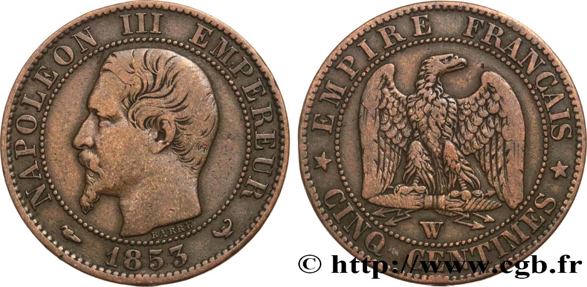 Cinq centimes Napoléon III, tête nue 1853 Lille F.116/7 TB25