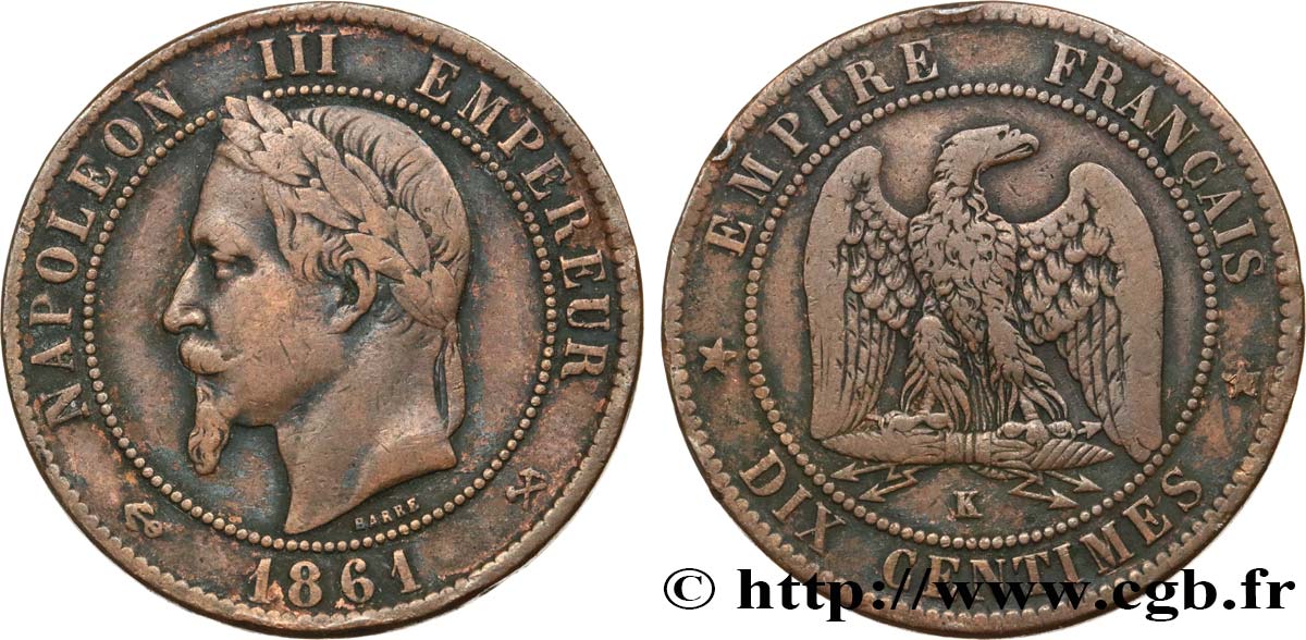 Dix centimes Napoléon III, tête laurée 1861 Bordeaux F.134/6 TB25