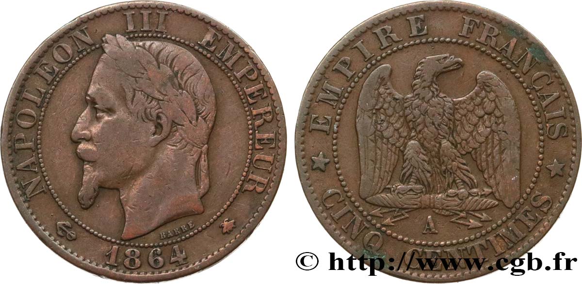 Cinq centimes Napoléon III, tête laurée 1864 Paris F.117/13 TB30