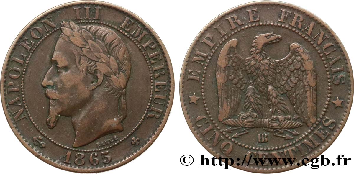 Cinq centimes Napoléon III, tête laurée 1865 Strasbourg F.117/17 MB35