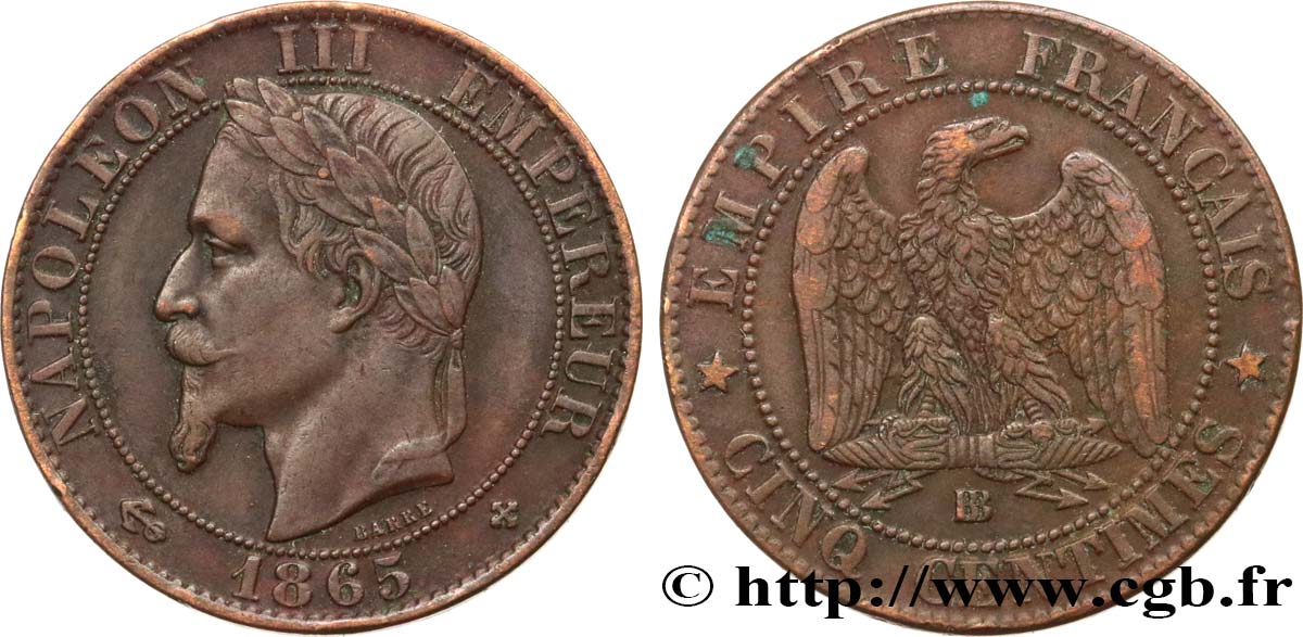 Cinq centimes Napoléon III, tête laurée 1865 Strasbourg F.117/17 XF45