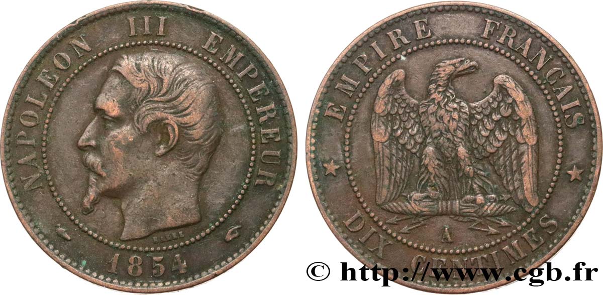 Dix centimes Napoléon III, tête nue 1854 Paris F.133/11 TTB40