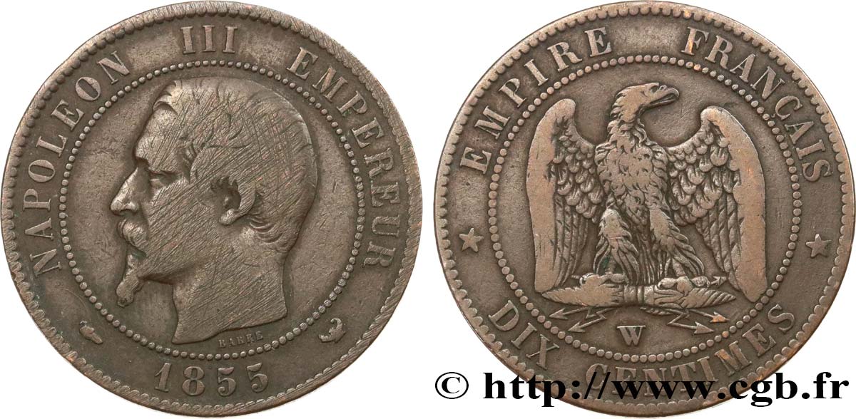 Dix centimes Napoléon III, tête nue 1855 Lille F.133/32 TB