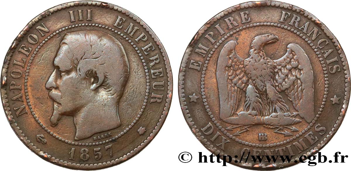 Dix centimes Napoléon III, tête nue 1857 Strasbourg F.133/43 B+