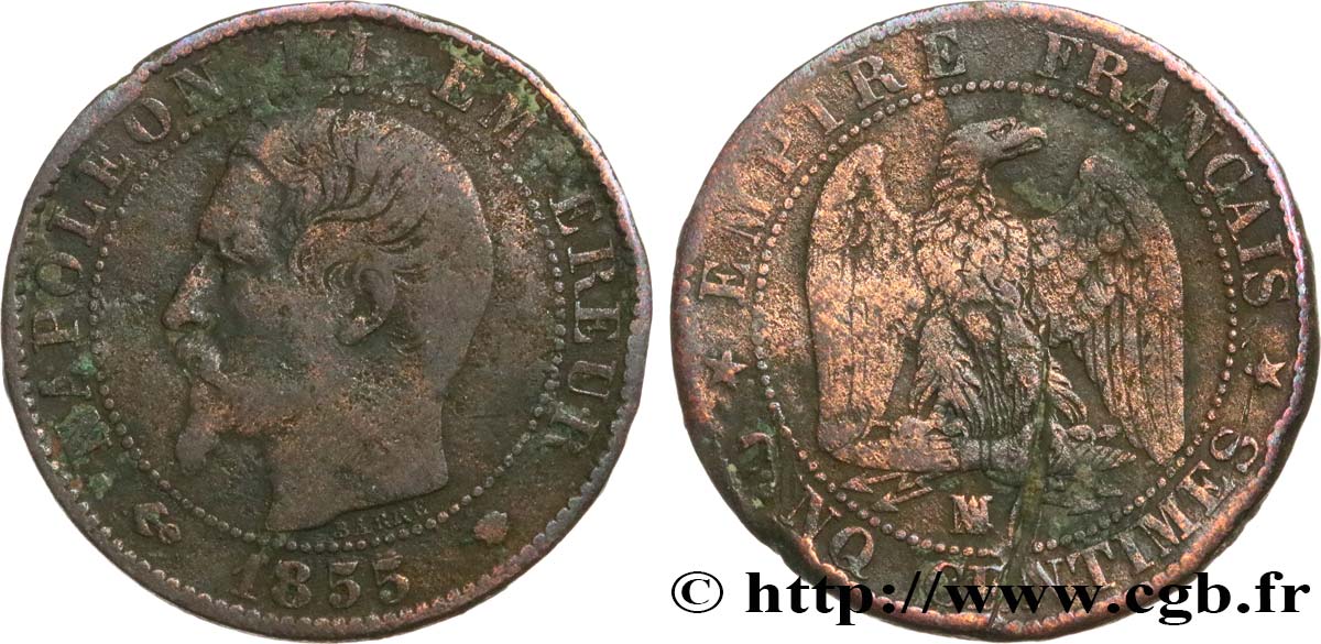 Cinq centimes Napoléon III, tête nue 1855 Marseille F.116/27 VG