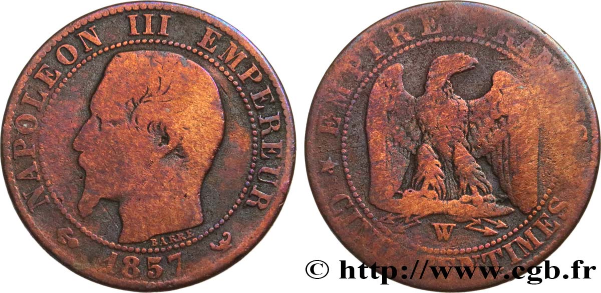 Cinq centimes Napoléon III, tête nue 1857 Lille F.116/43 VG