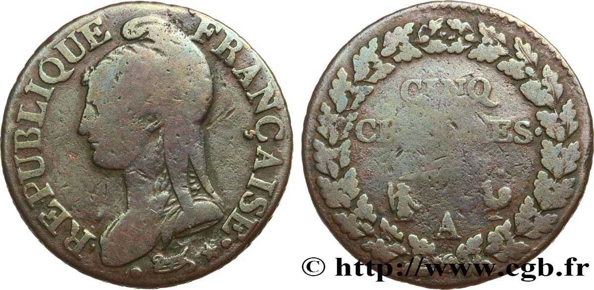 Cinq centimes Dupré, grand module 1799 Paris F.115/44 TB15