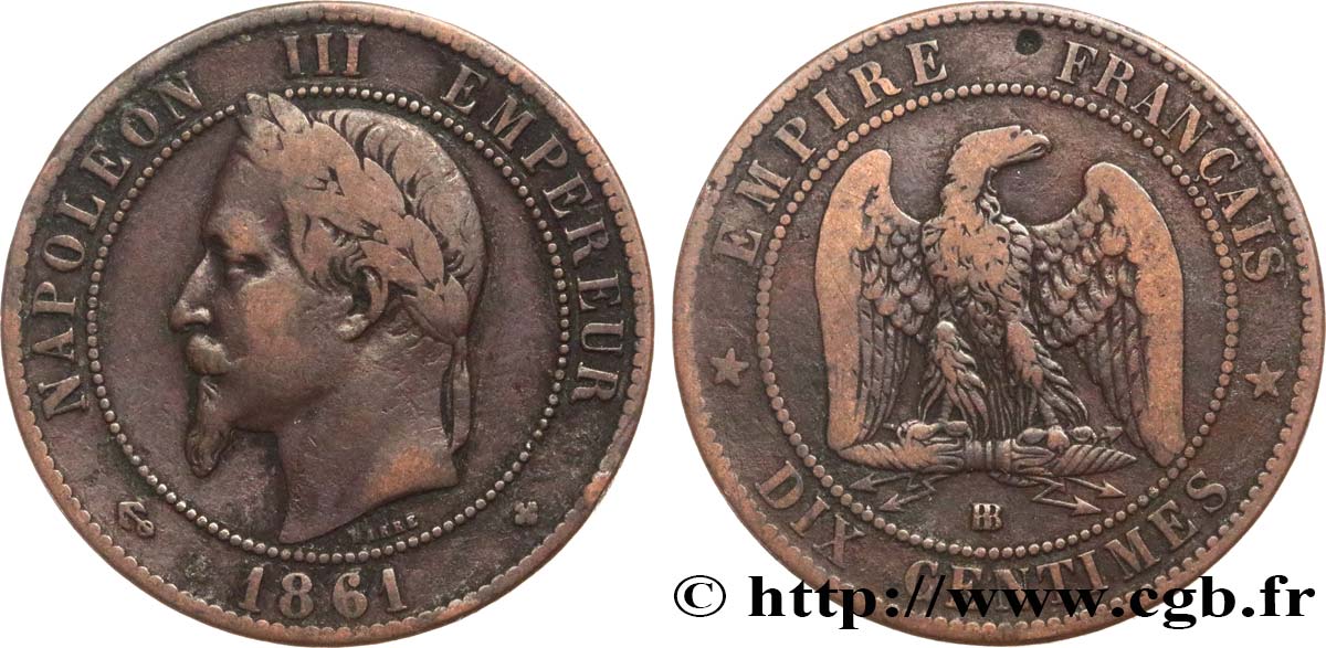 Dix centimes Napoléon III, tête laurée 1861 Strasbourg F.134/5 TB15