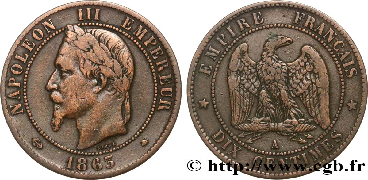 Dix centimes Napoléon III, tête laurée 1863 Paris F.134/10 TB35