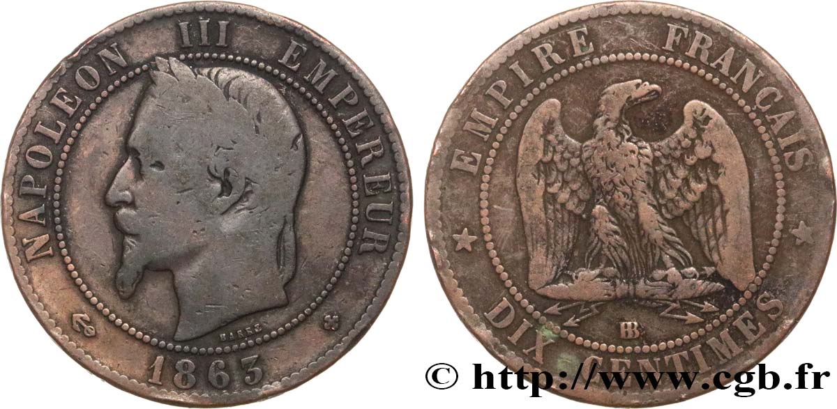 Dix centimes Napoléon III, tête laurée 1863 Strasbourg F.134/11 F12