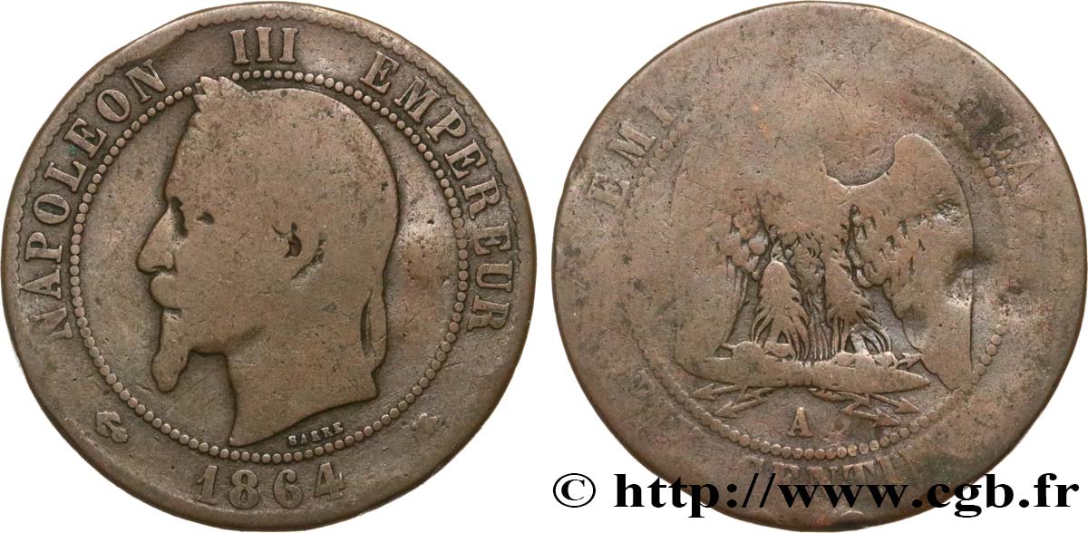 Dix centimes Napoléon III, tête laurée 1864 Paris F.134/13 GE