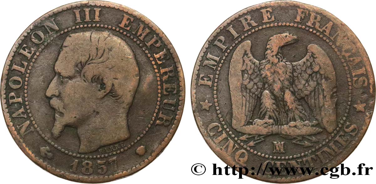 Cinq centimes Napoléon III, tête nue 1857 Marseille F.116/42 B12