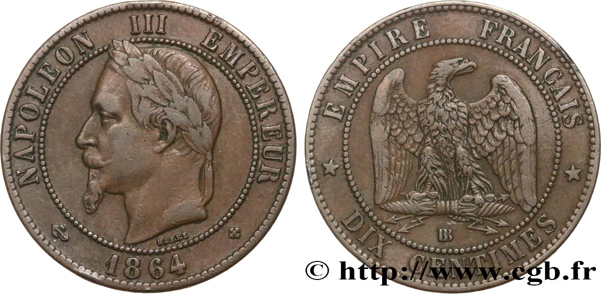 Dix centimes Napoléon III, tête laurée 1864 Strasbourg F.134/14 MB35 