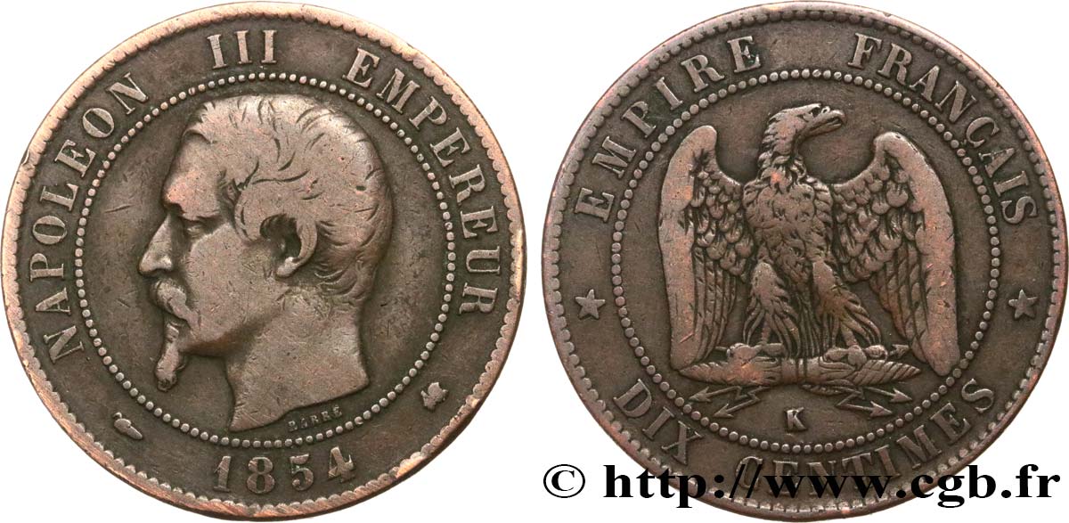 Dix centimes Napoléon III, tête nue 1854 Bordeaux F.133/16 S 