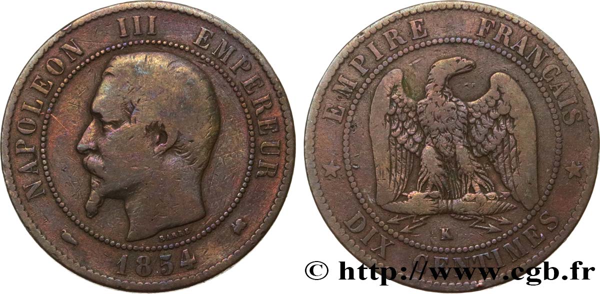 Dix centimes Napoléon III, tête nue 1854 Bordeaux F.133/16 F15