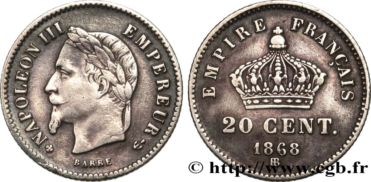 20 centimes Napoléon III, tête laurée, grand module 1868 Strasbourg F.150/5 TB+